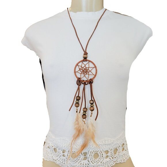 Vintage Dream Catcher Wooden Beaded Bohemian Tassel Feather Necklace - Picture 1 of 4